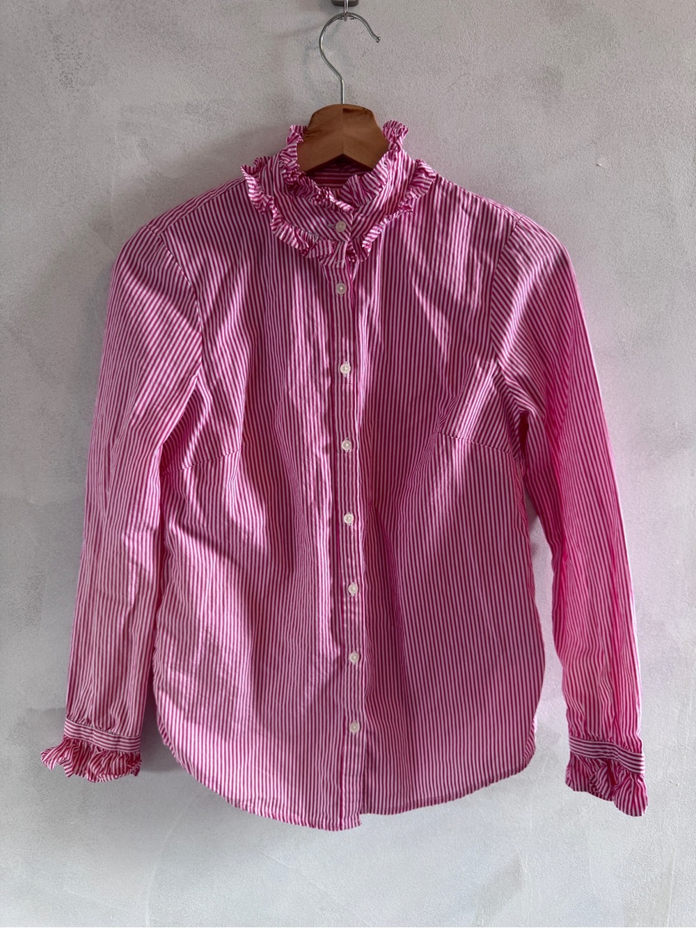J. Crew - Pink and White Striped Button-Up Blouse with Ruffle Details